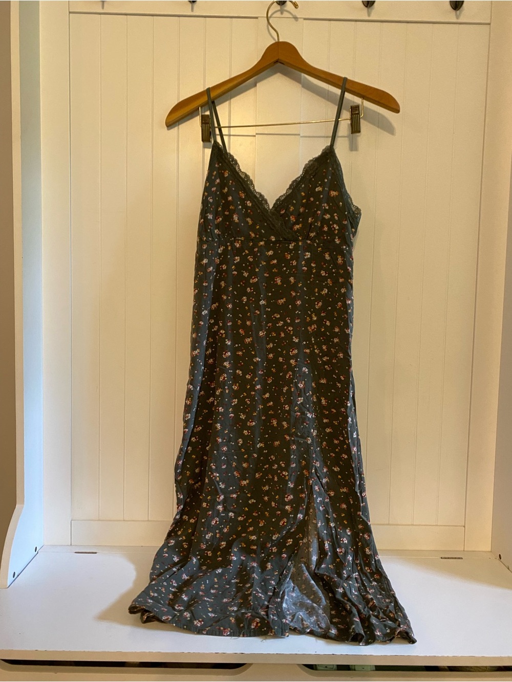 Green Floral Maxi Slip Dress with Lace Trim